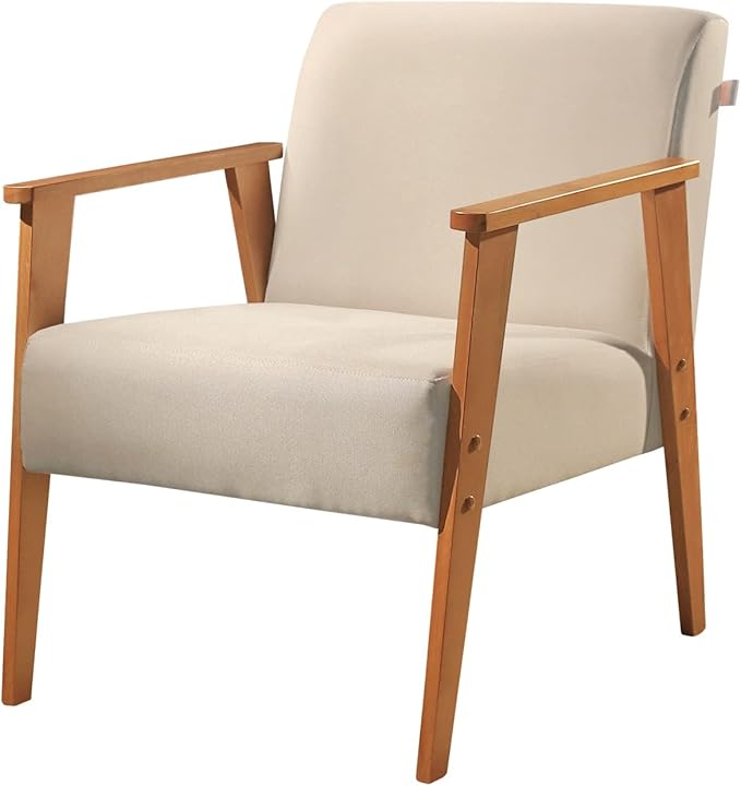 Poltrona com encosto reto e visual discreto em linho bege claro, ideal para compor cantos de descanso ou leitura.