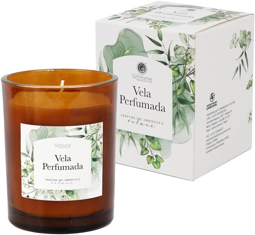 Vela aromática em vidro com tampa, fragrância de lichia e chá branco, ideal para decorar e perfumar ambientes.