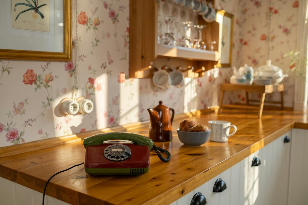 Cozinha estilo vintage na decoração, com papel parede florido, balcão branco com tampo amadeirado, um telefone retro e um bule de café.