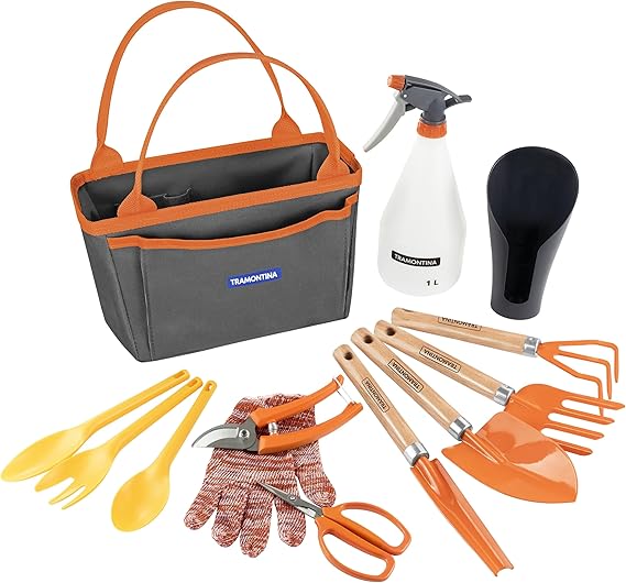 Kit completo de jardinagem com 13 ferramentas e bolsa de lona verde, ideal para o cuidado com plantas em casa.