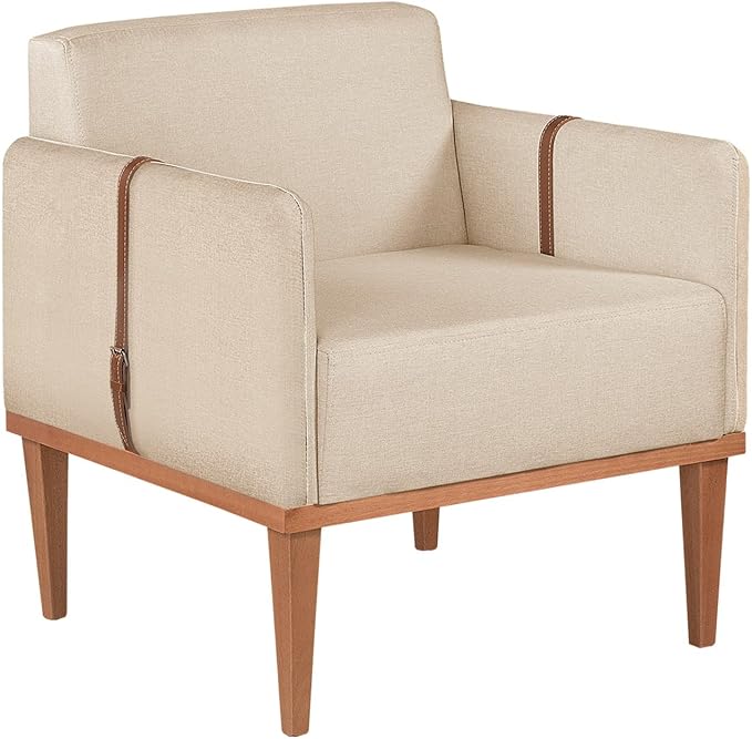 Poltrona decorativa com pés palito e estofado em linho bege claro, estilo leve e compacto para ambientes acolhedores.