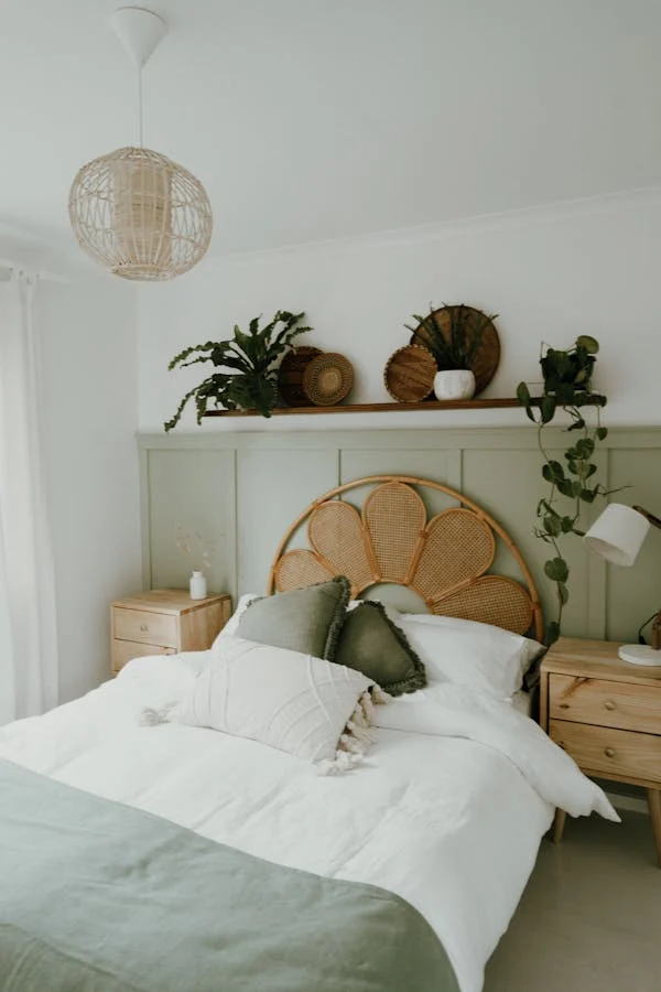 Quarto de casal com estilo boho na decoração: cama de madeira, almofadas verdes, pendente luminária de palha e plantas.