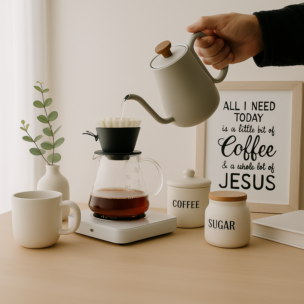 Foto de cantinho do café devocional no estilo escandinavo, com suporte pour over, bule claro, pote de açúcar, pote de café, xícara branca e quadro com a frase "All I need today is a little bit of coffee & a whole lot of Jesus", sobre bancada de madeira clara.