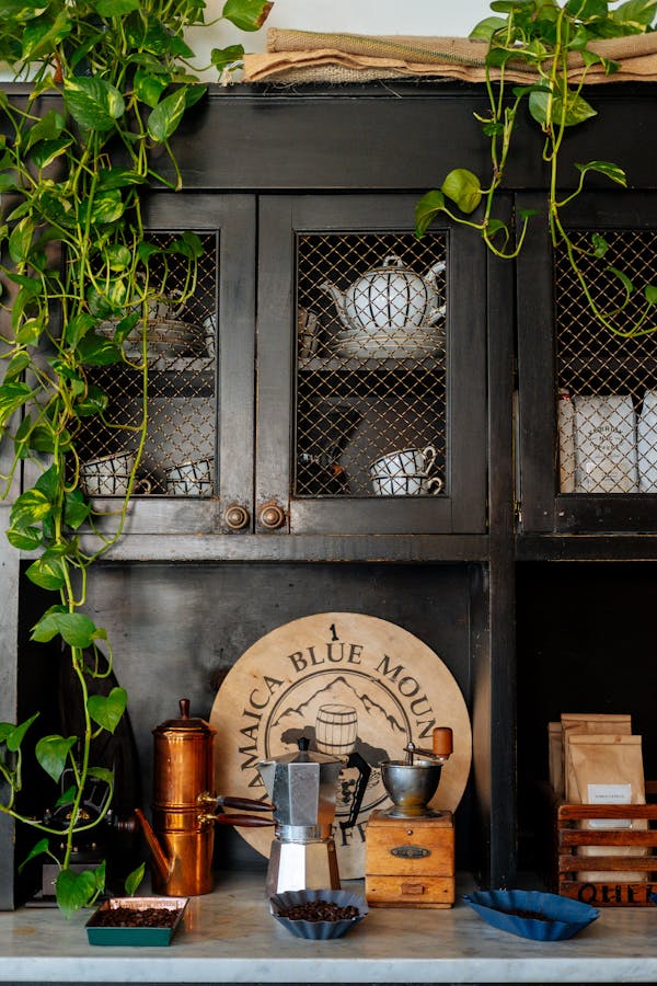 Foto de Estilos de Cantinho do Café no estilo farmhouse, com armário preto antigo, louças brancas, moedor manual e detalhes em madeira e plantas.