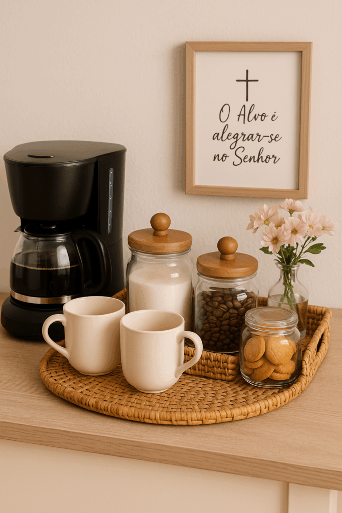 Cantinho do café em casa com cafeteira preta, xícaras, potes de vidro com tampas de madeira, flores e quadrinho com frase cristã.