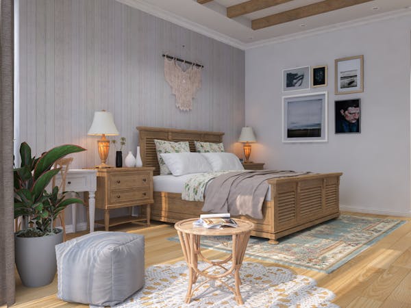 Quarto de casal com estilo boho na decoração.