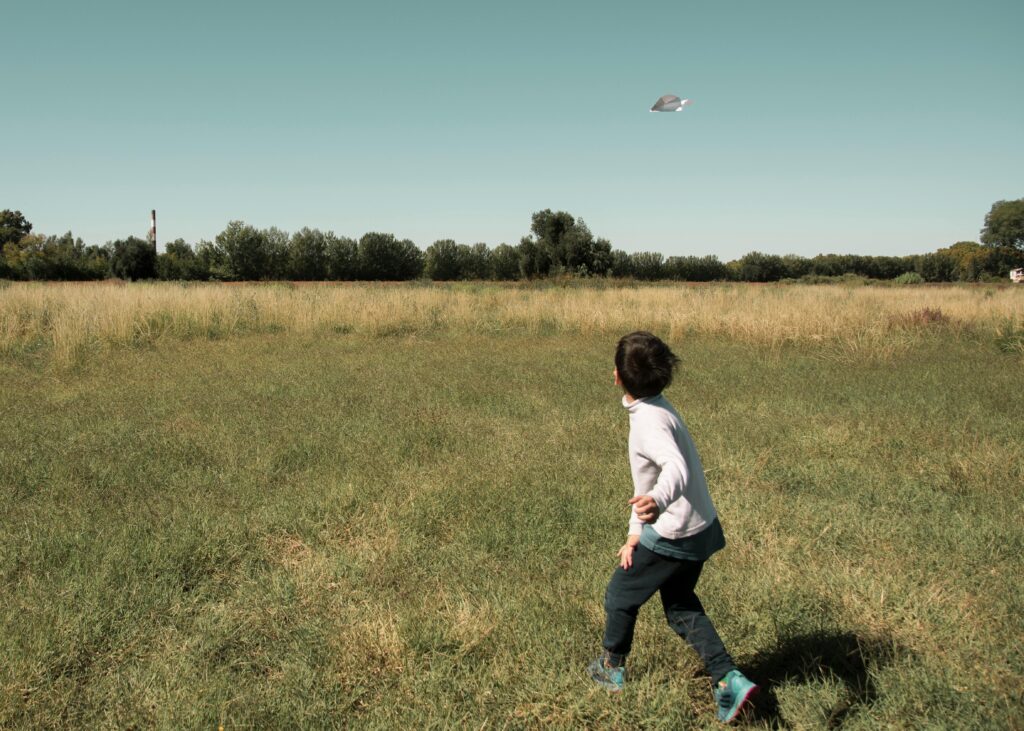 Vida no Campo: Menino brincando de soltar pipa em um campo aberto com céu azul.