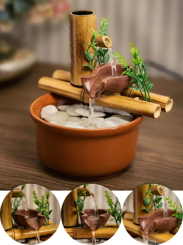 Fonte decorativa de mesa em bambu com quedas d’água.