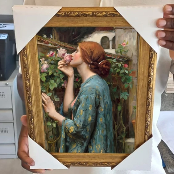 Arte clássica na decoração: Quadro Alma das Rosas — pintura feminina com perfume e poesia