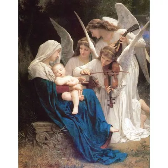 Quadro Som dos Anjos — pintura clássica com Maria e anjos músicos