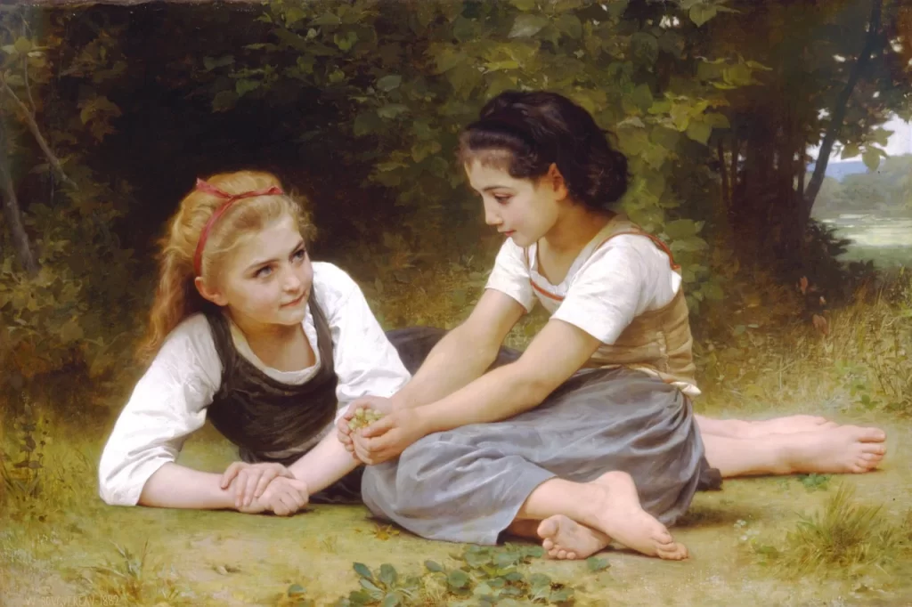 Arte clássica na decoração: pintura de duas meninas em harmonia na natureza, simbolizando inocência e amizade