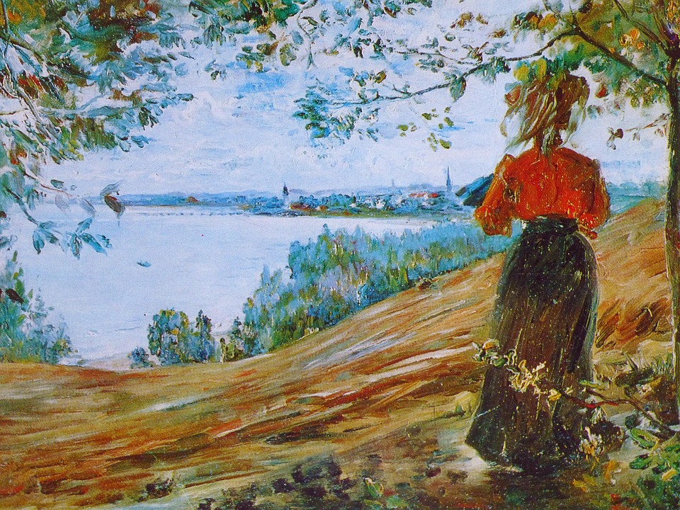 Mulher admirando a paisagem em pintura clássica — arte e serenidade na decoração
