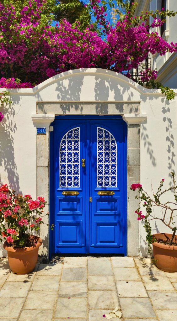 Modelos de portas azuís: porta azul na entrada da casa com moldura clara e vasos com flores ao lado